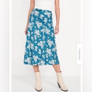 Old Navy Teal Floral Crepe A- Line Midi Skirt Size Large
